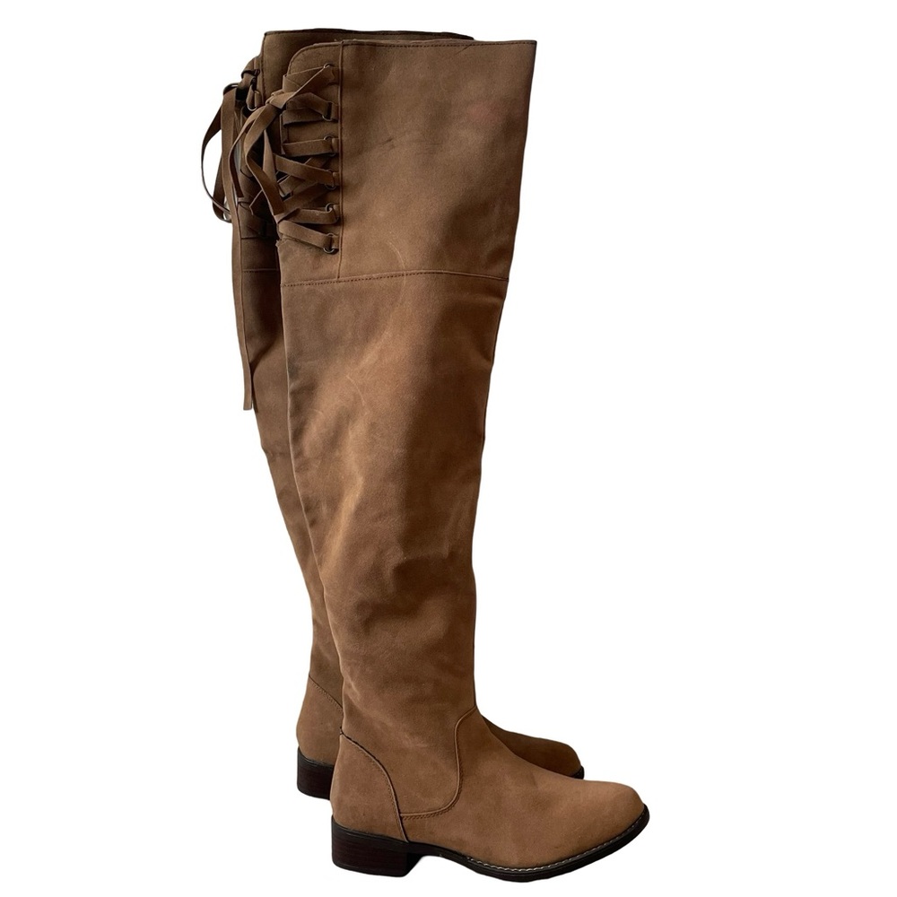 Shoedazzle Malya Taupe Tan Corset Lace Up Thigh High Boots Size 6.5